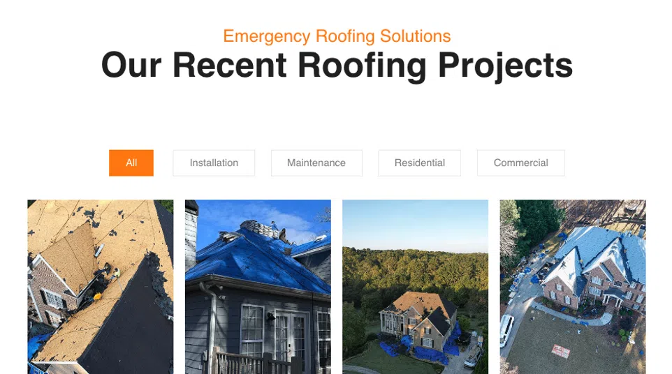 Grid of recent residential and commercial roofing projects including installations, maintenance, and repairs.