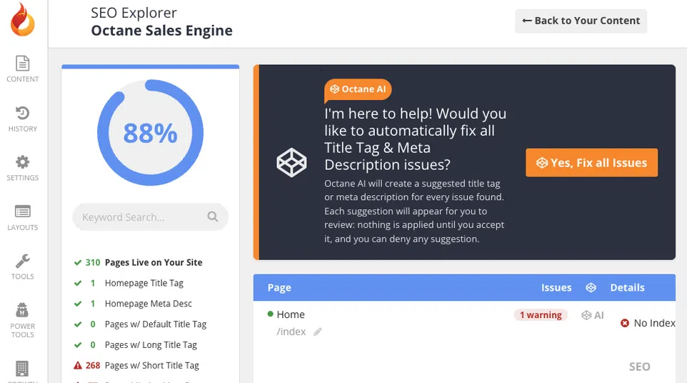 Dashboard showing SEO Octane Sales Engine with site health stats, AI suggestions, and page issue warnings.