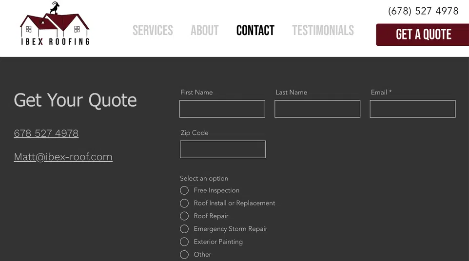 Website contact form for Ibex Roofing showing quote options and contact details.
