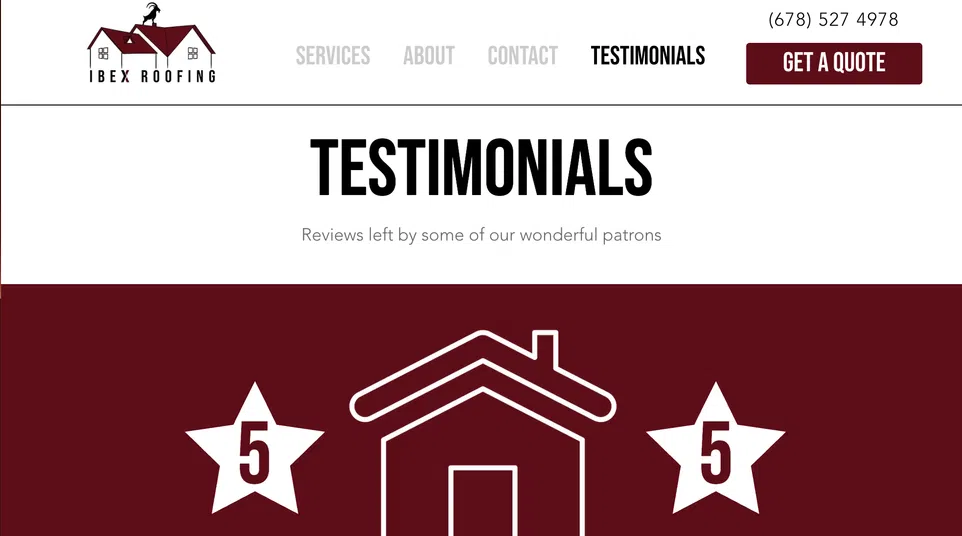 Ibex Roofing testimonials page showing 5-star Google rating and customer review excerpts.