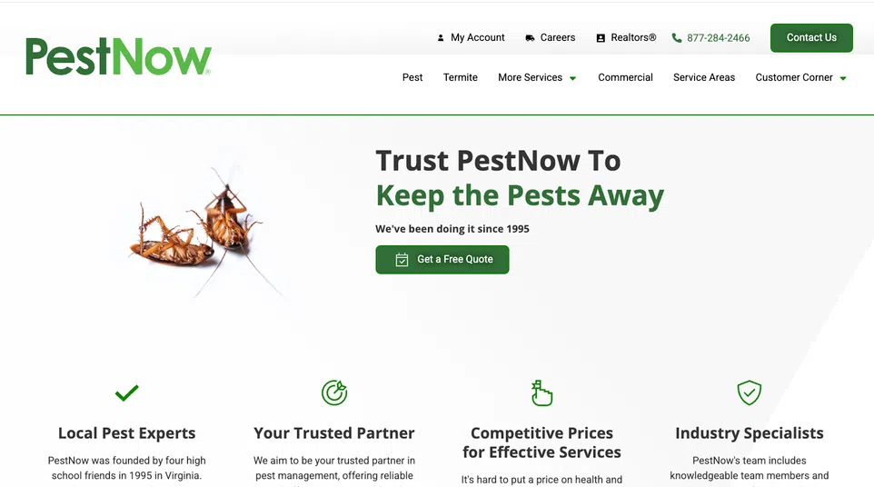 PestNow website homepage showing pest control services, dead cockroaches, and company features in green and white design.