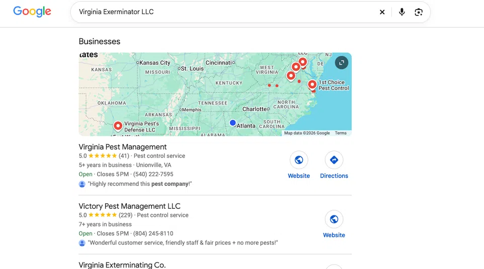 Google search results for Virginia Exterminator LLC showing top pest control businesses and map locations in Virginia.