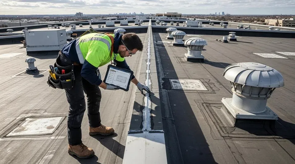 Worker inspecting a flat commercial roof with ventilation units, wearing safety gear and holding a tablet device.