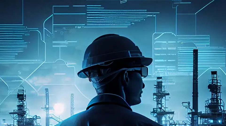 Engineer wearing helmet and glasses monitoring a futuristic industrial plant with digital overlays highlighting machinery.