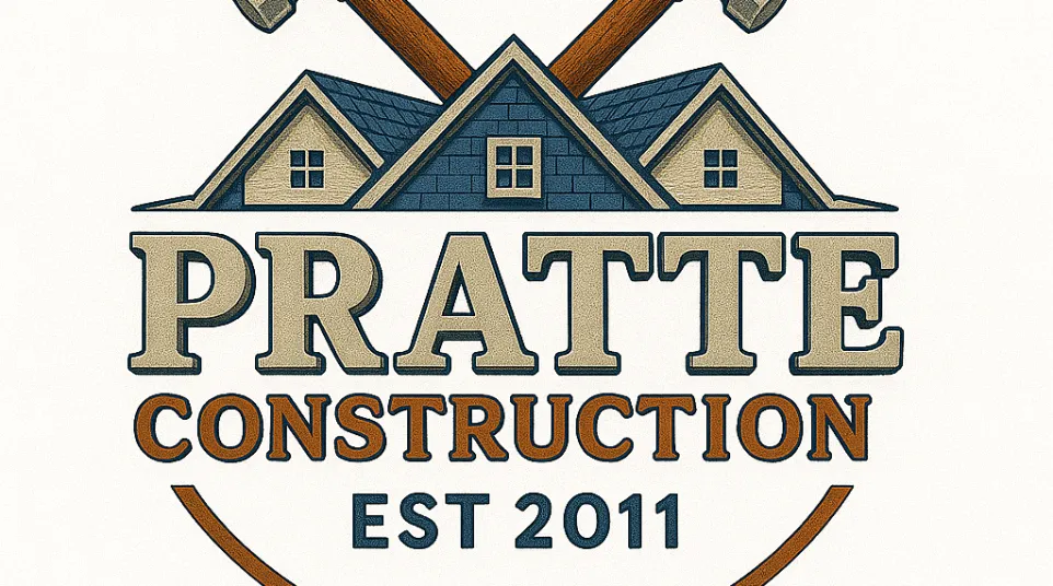 Pratte Construction logo with house roof and two crossed hammers established in 2011