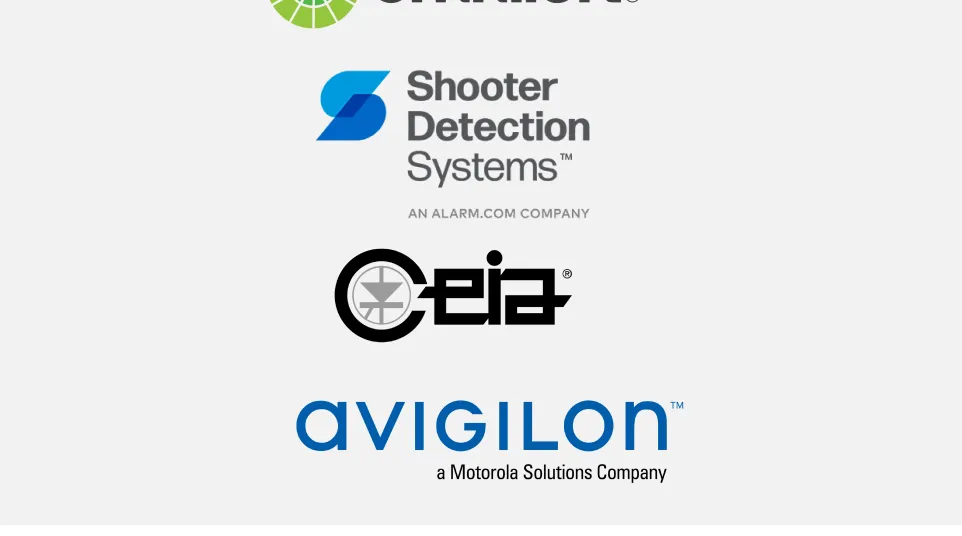 Logos for weapons detection systems, avigilon, CEIA, Shooter Detection Systems, and Omnilert