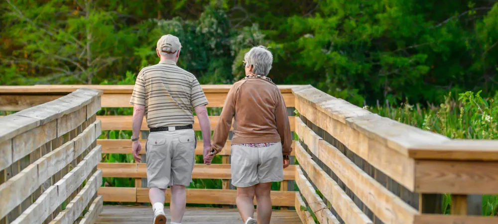 Elderly couple holding hands walking on a wooden boardwalk surrounded by lush green trees and nature..