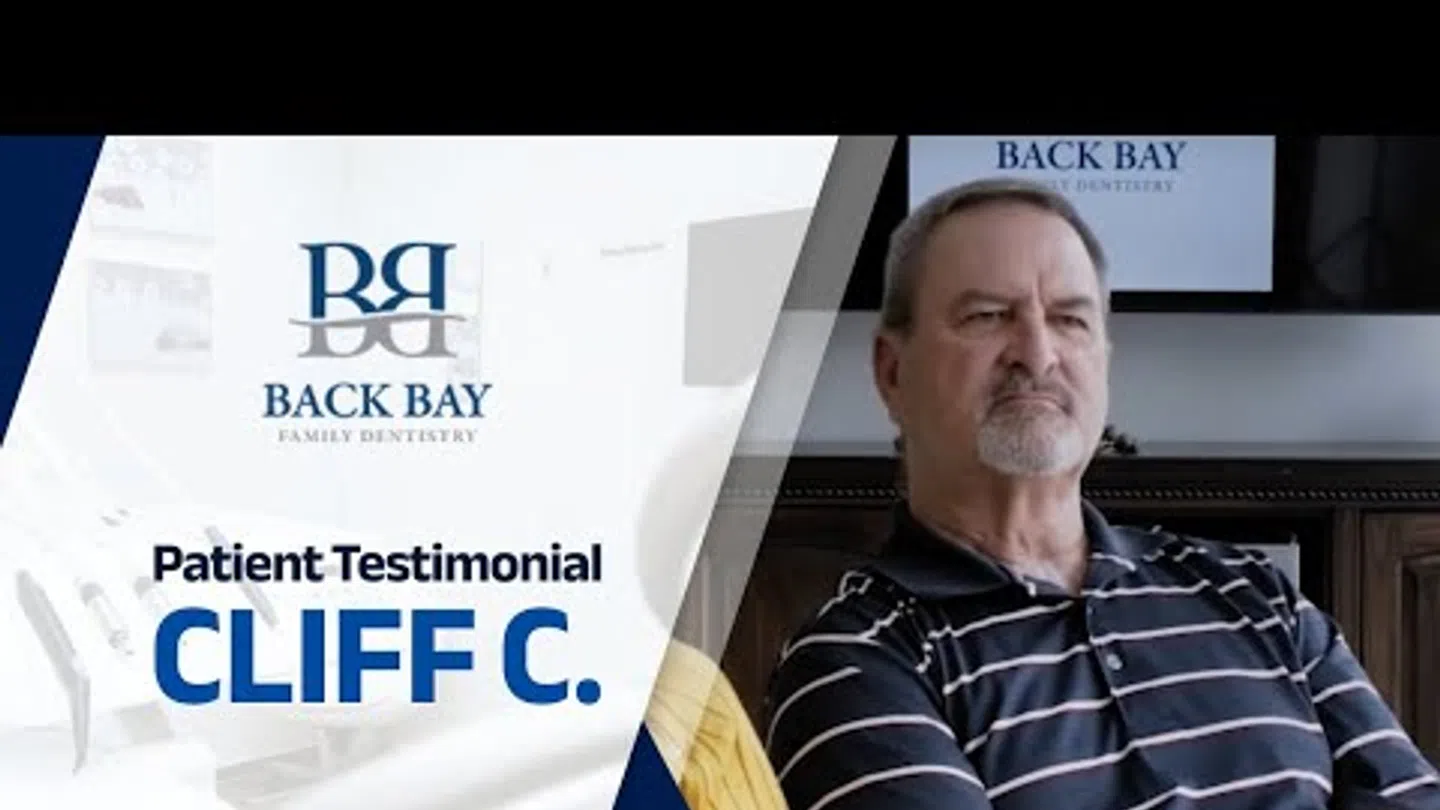 Patient testimonial featuring Cliff C. for Back Bay Family Dentistry with logo and man in striped shirt.