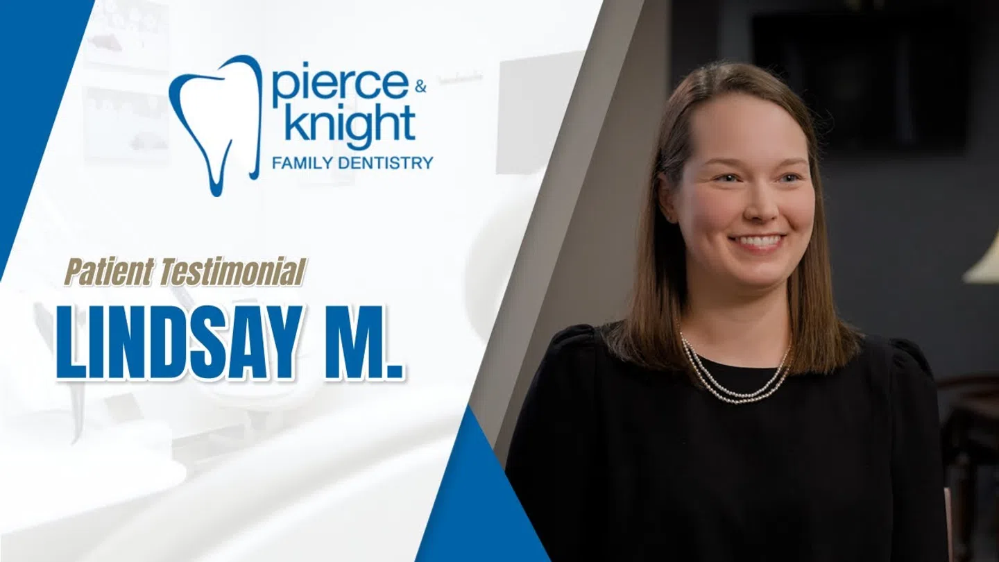 Smiling woman giving a patient testimonial for Pierce & Knight Family Dentistry in a professional setting