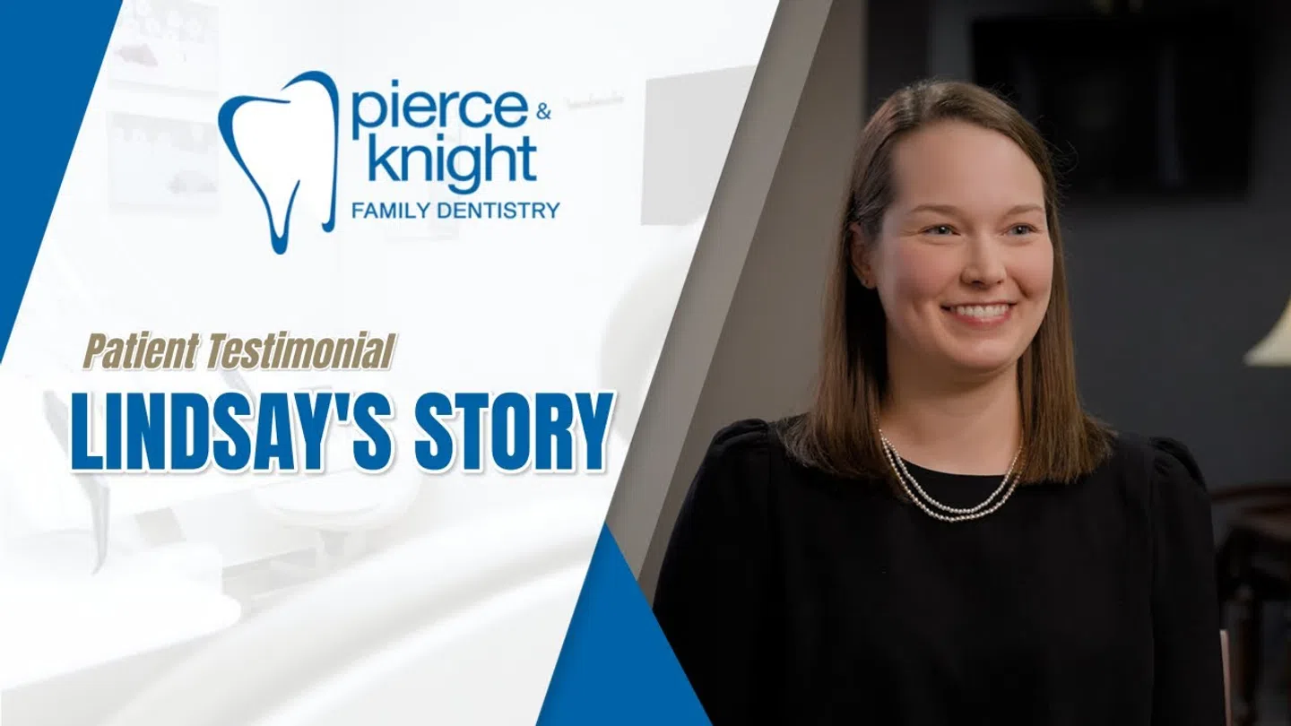 Smiling woman shares her testimonial for Pierce & Knight Family Dentistry with logo and text overlay