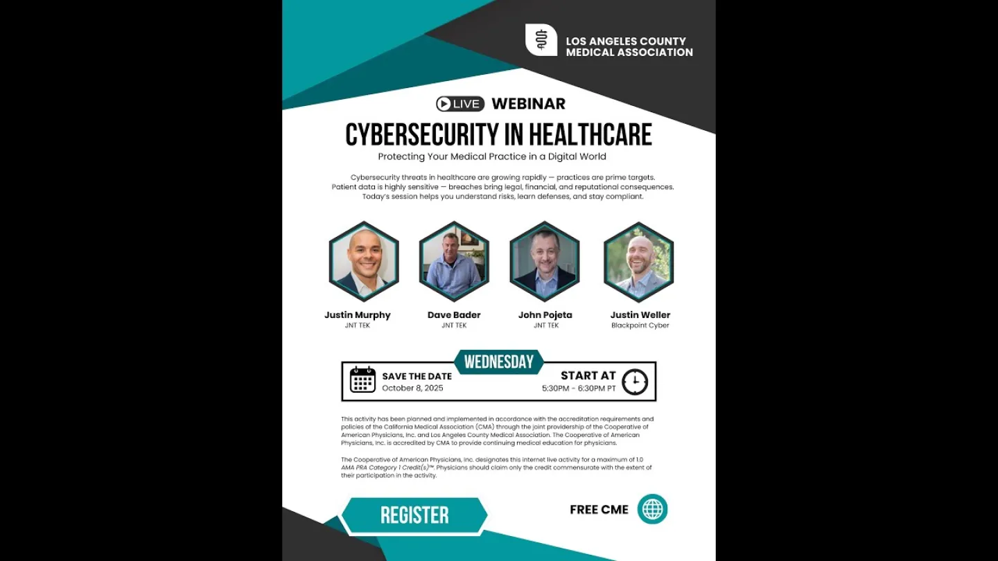 Webinar flyer on cybersecurity in healthcare featuring speakers, date, time, and registration details.