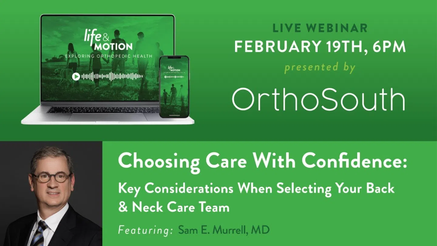 Promotional image for OrthoSouth live webinar on back and neck care with Dr. Sam Murrell on February 19th at 6 PM.