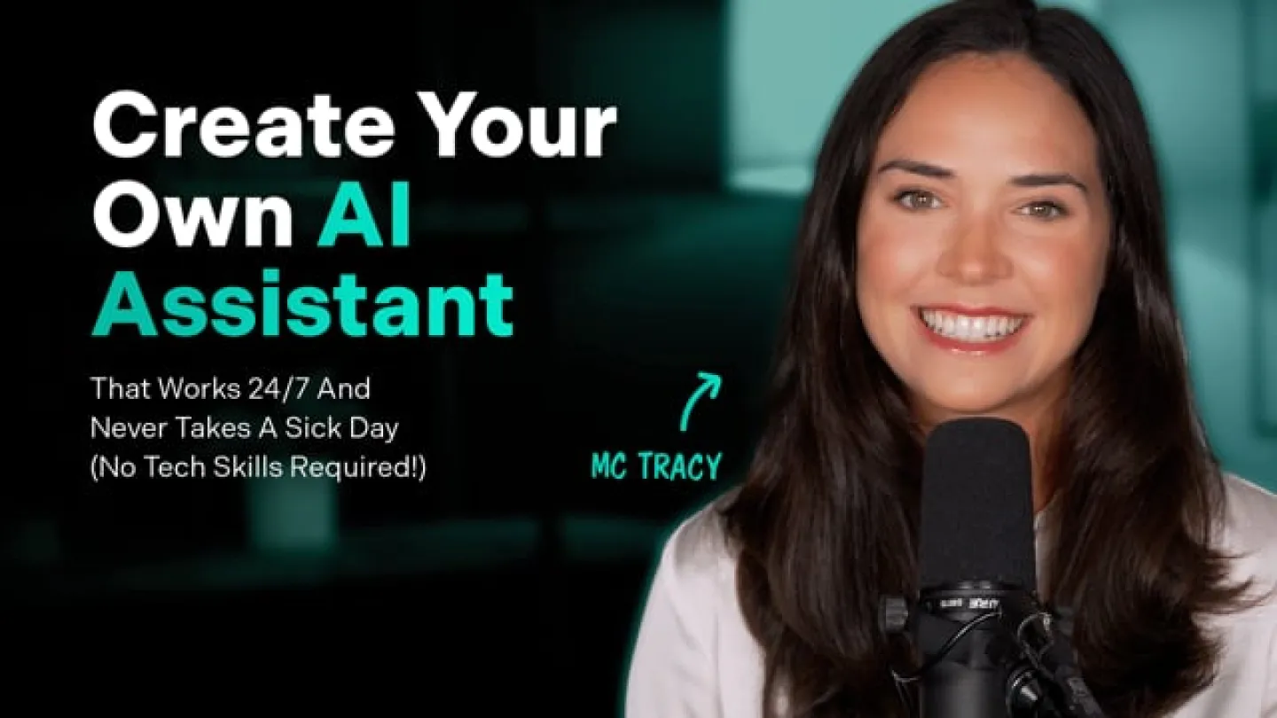 Smiling woman with microphone promotes creating an AI assistant with no tech skills required, working 24/7.