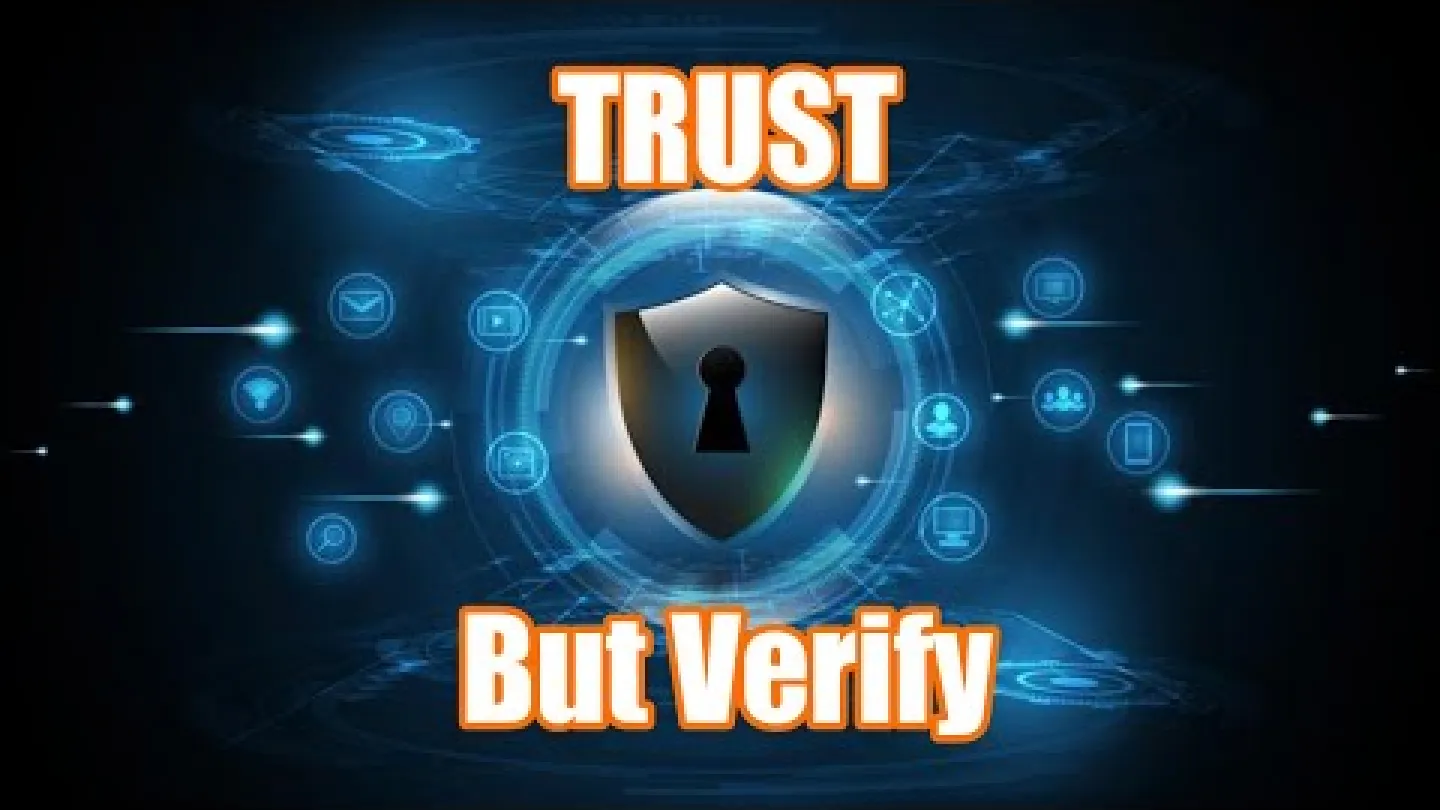Digital security shield with keyhole and glowing icons surrounding text Trust But Verify in orange white.