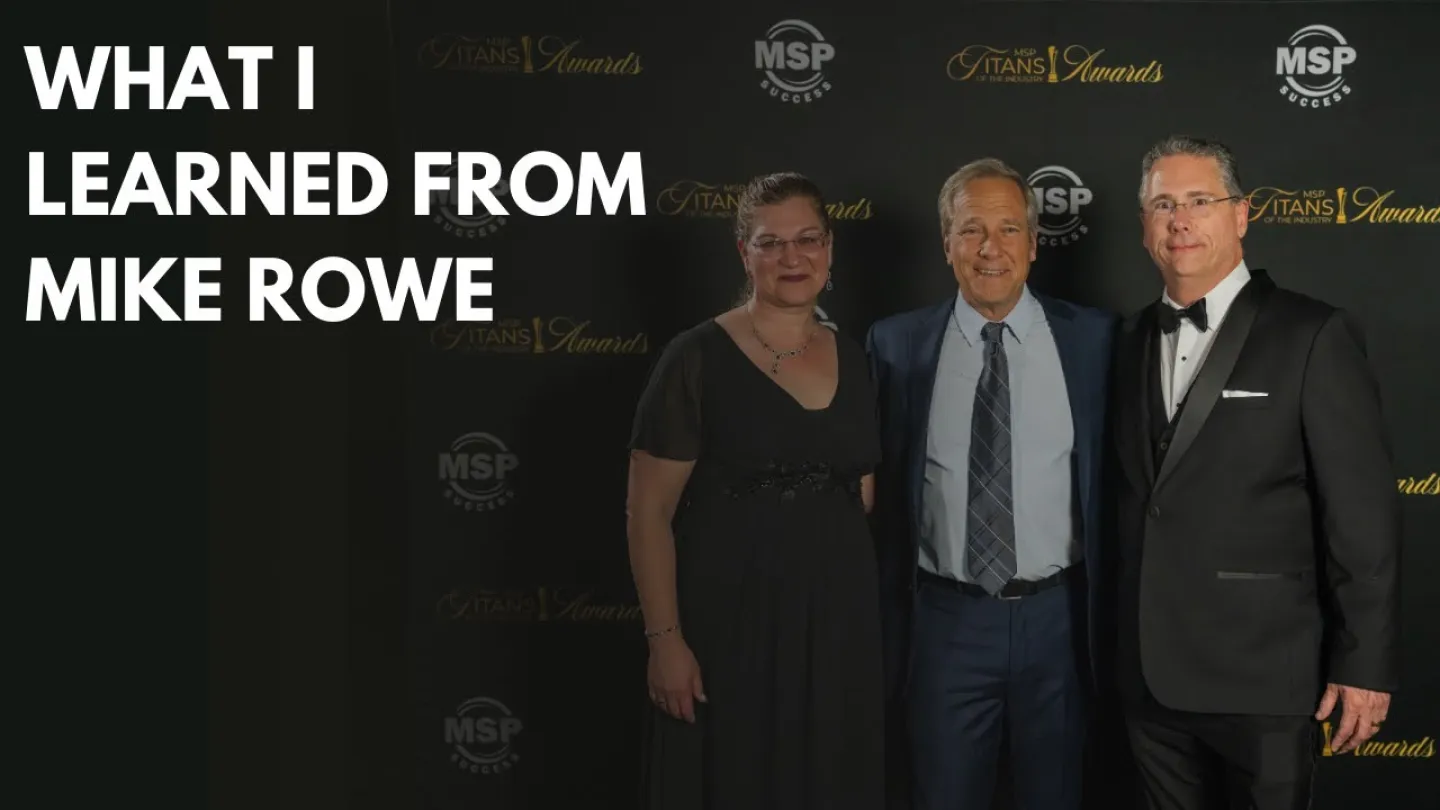Three people dressed formally at the Titans Awards event with text What I Learned From Mike Rowe on left