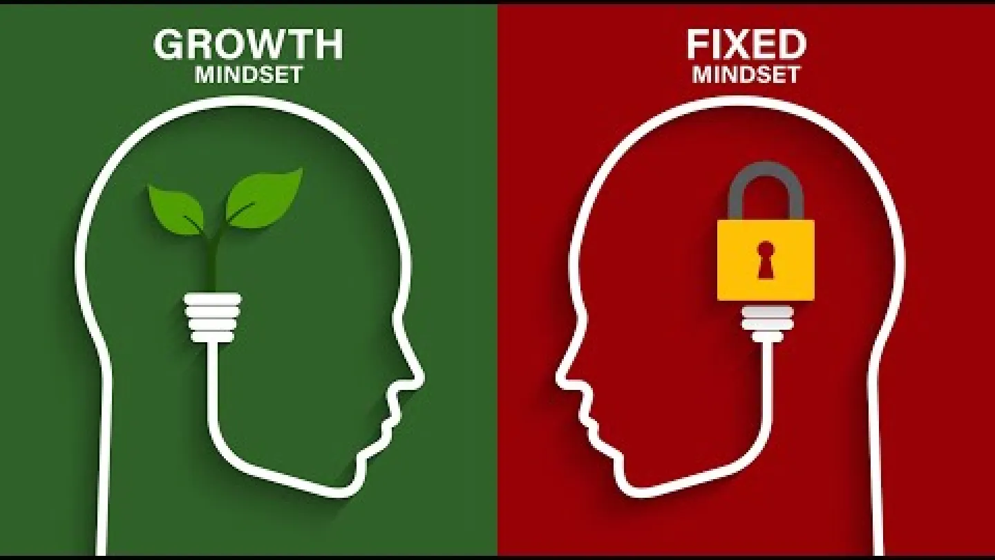 Illustration contrasting growth mindset with a sprouting plant and fixed mindset with a locked padlock inside head shapes.