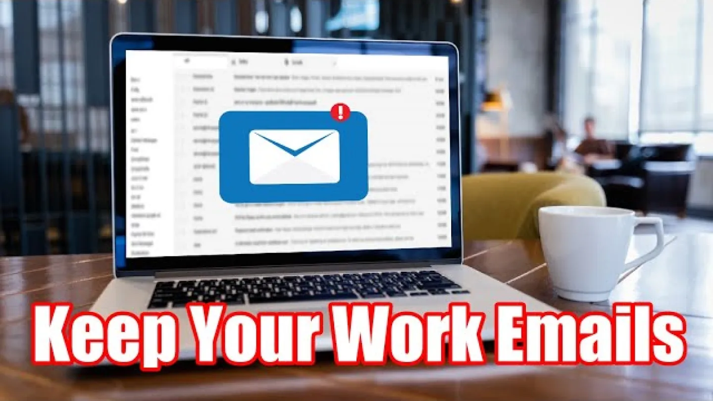 Laptop on desk showing email alert with work emails in background and a white coffee cup