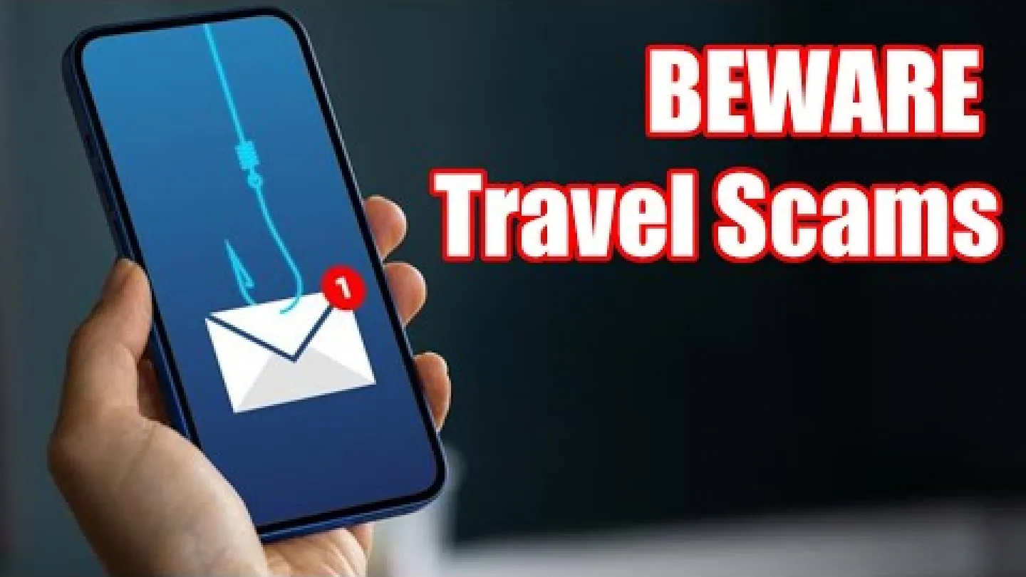 Hand holding phone with phishing email icon and text warning about travel scams in bold red letters.