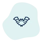 Minimalist dark blue bat icon with wings spread on a light blue organic shape background