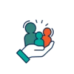White hand holding three abstract human figures in teal, blue, and orange representing care and support.