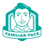 Illustration of a smiling man inside a badge with text reading Familiar-Face below his portrait.