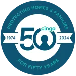 Cingo 50th anniversary logo with a keyhole design celebrating 1974 to 2024 protecting homes and families.