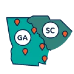 Simplified map highlighting Georgia and South Carolina with location markers in orange.