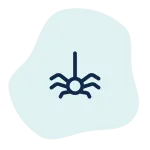 Simple black spider icon hanging on a thread against a light blue abstract shape background