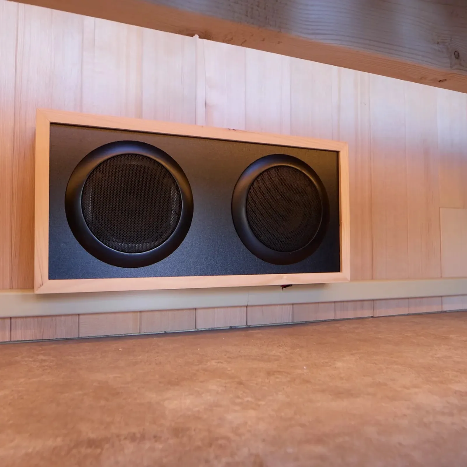 a couple of speakers in a room