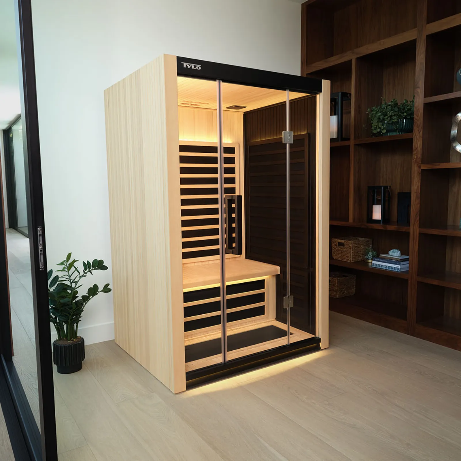 a room with a wood staircase