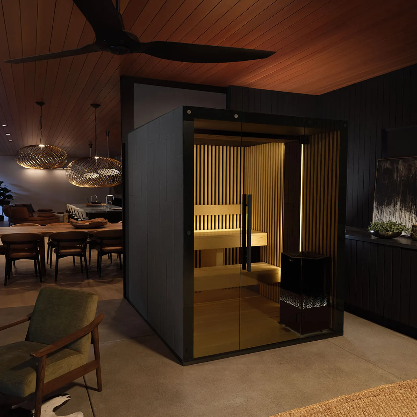 a room with a table and chairs