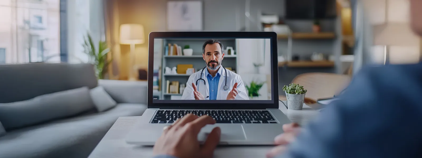 Person having an online medical consultation with a doctor via laptop in a cozy living room setting.