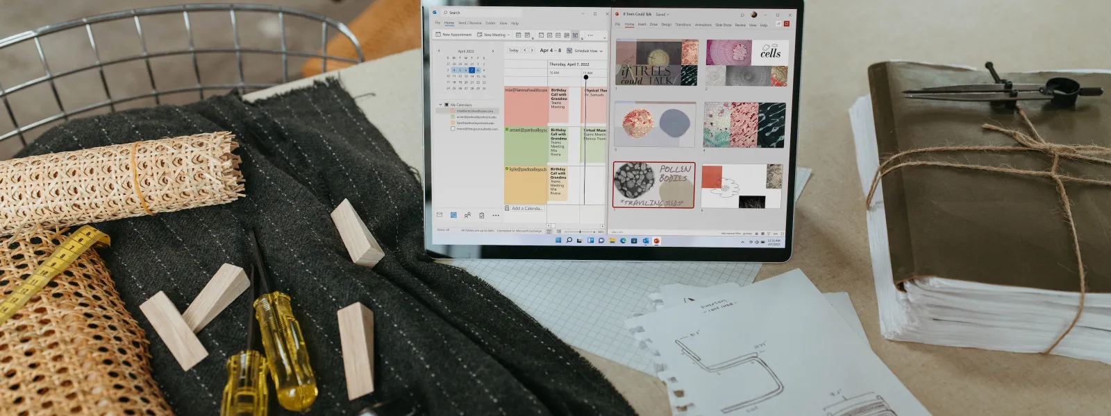 a tablet and a bag of pens