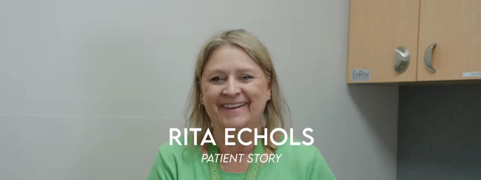 Woman in green shirt smiling, sitting indoors with overlaid text reading Rita Echols Patient Story