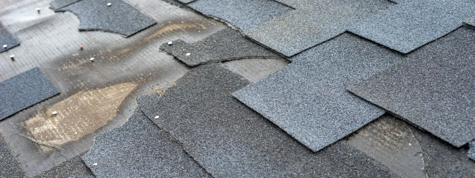 Damaged asphalt roof shingles with wear, showing missing granules and exposed underlayment in need of an emergency roof repair...