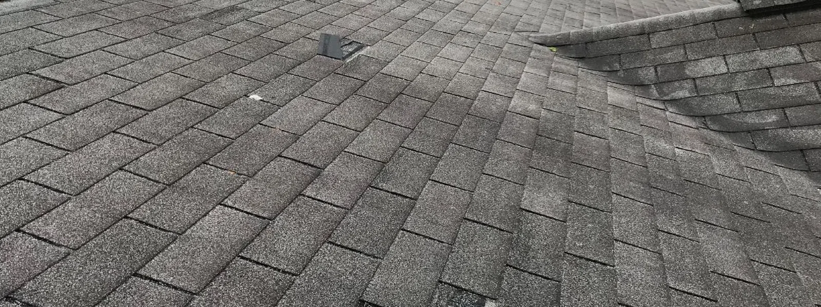Close-up of a shingle roof during a roof inspection showing wear, missing shingles, and areas needing repair..