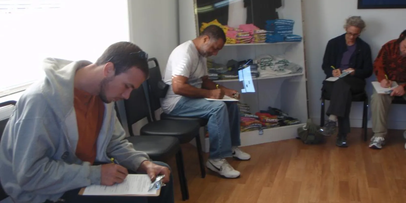 a group of people sitting in a room