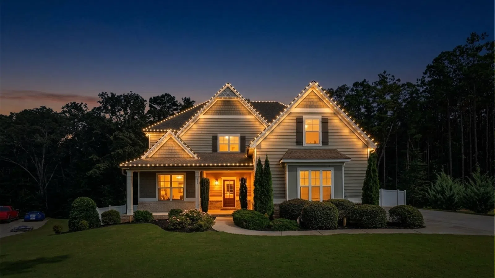Large modern house with Christmas lights on roofline and warmly lit windows at dusk in a lush green yard.
