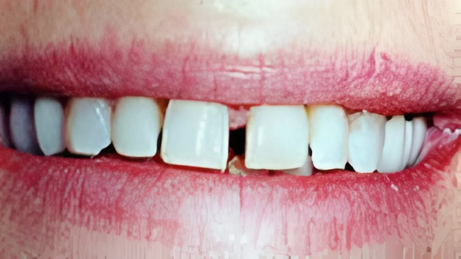Close-up of a smile showing teeth with a noticeable gap and slightly chipped front tooth.