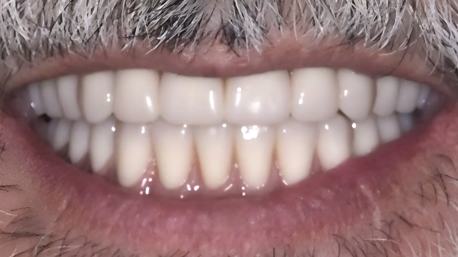Close-up of a smiling mouth with clean white teeth and a gray mustache above the lips.