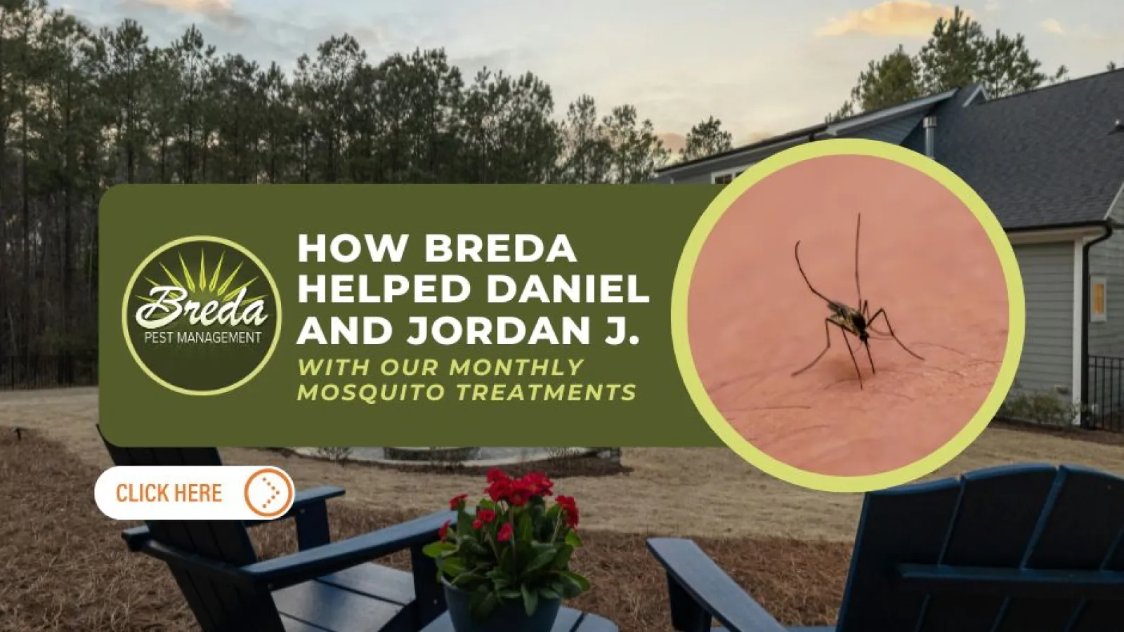 Backyard patio with chairs and flowerpot featuring mosquito treatment service promotion with a close-up of a mosquito.