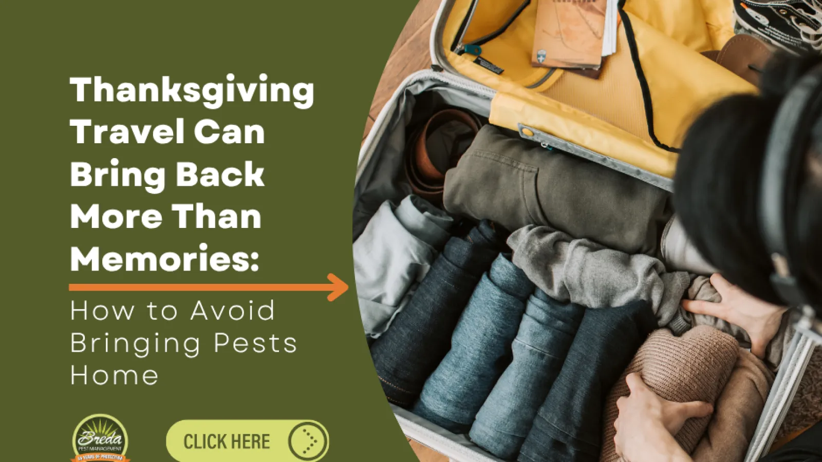 Person packing a suitcase with clothes and travel guides, highlighting tips to avoid bringing pests home during Thanksgiving travel.