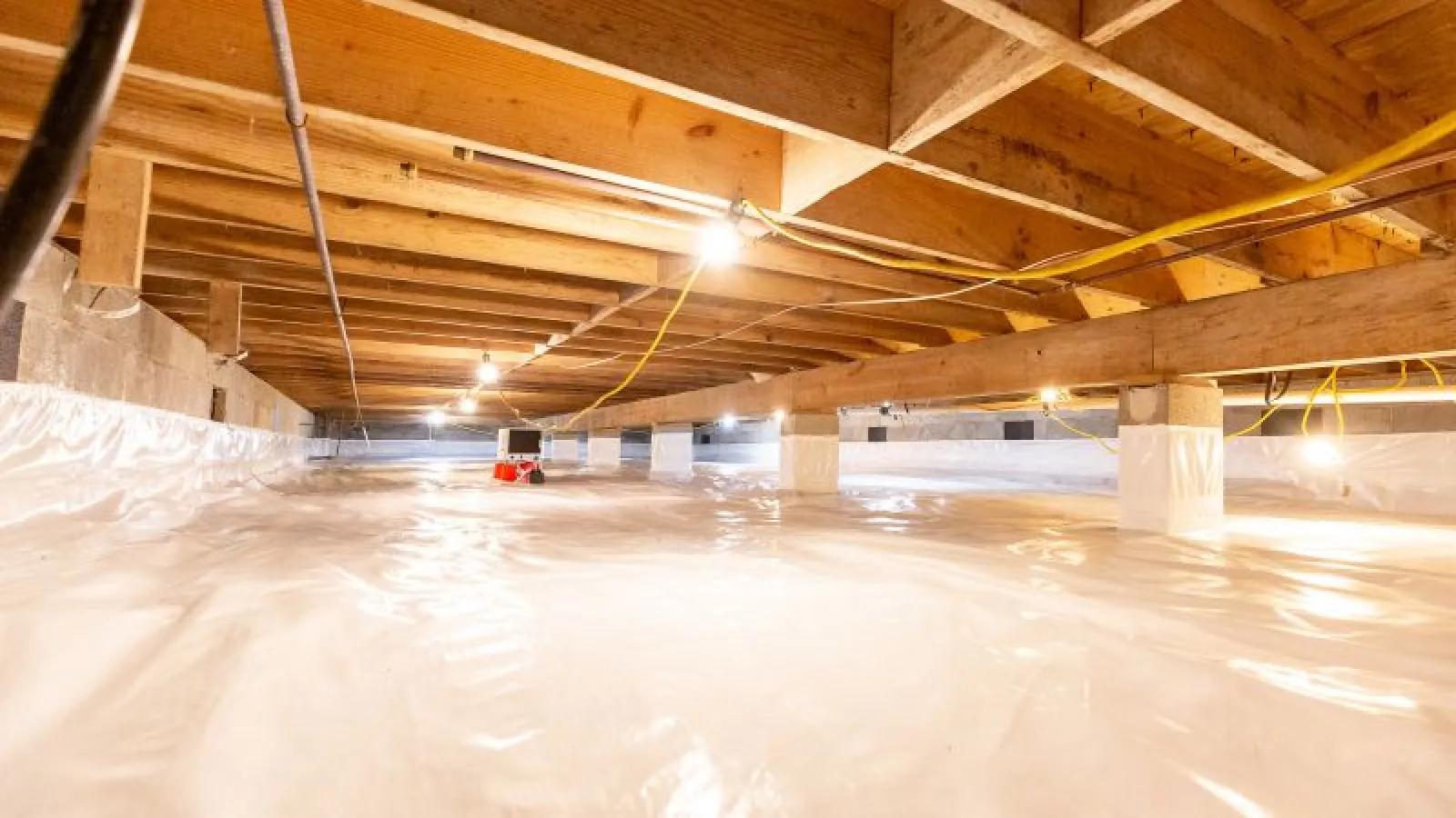 a crawl space with a sealed floor
