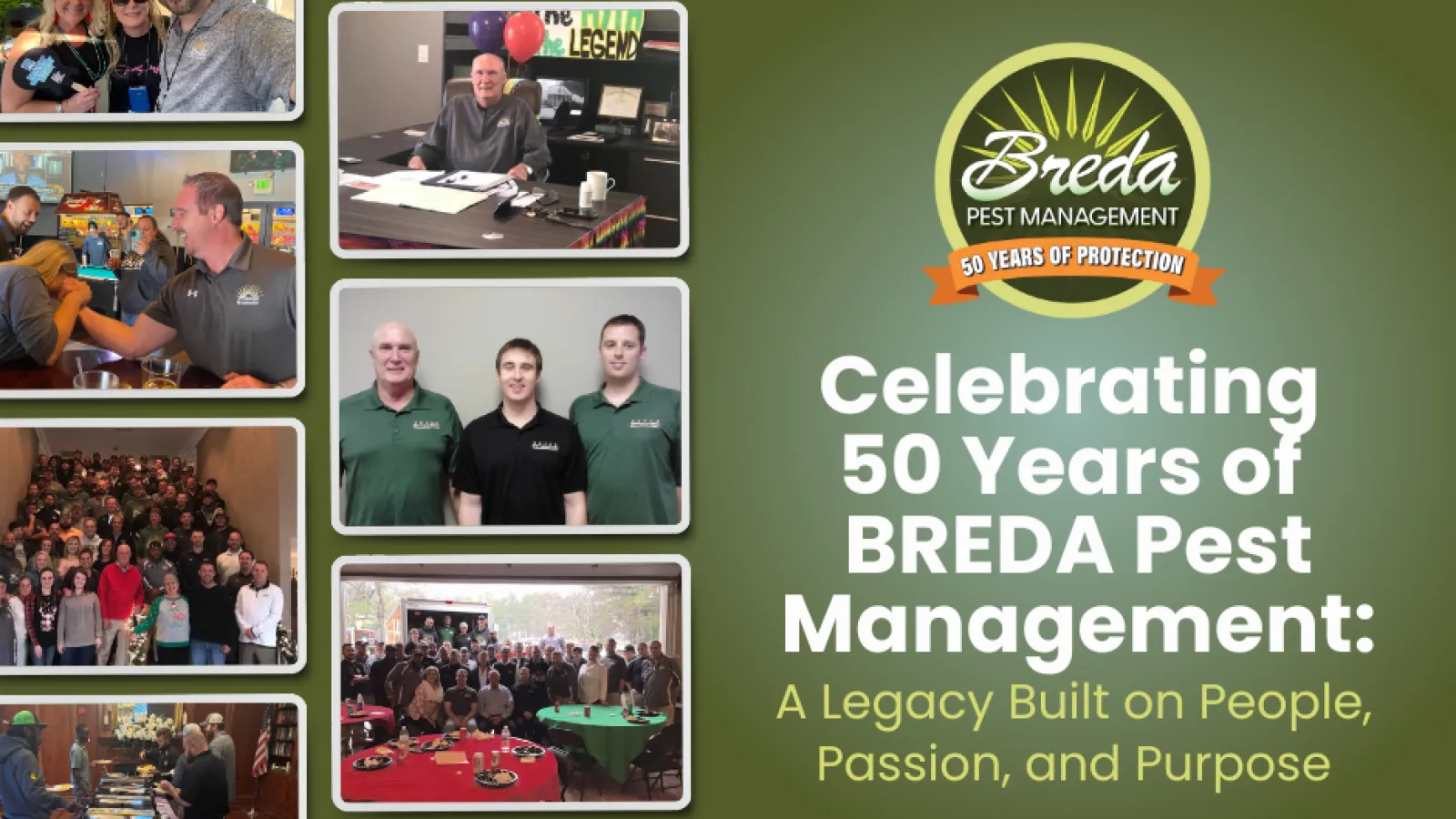 Celebrating 50 years of Breda Pest Management with team photos and events showcasing community and service.