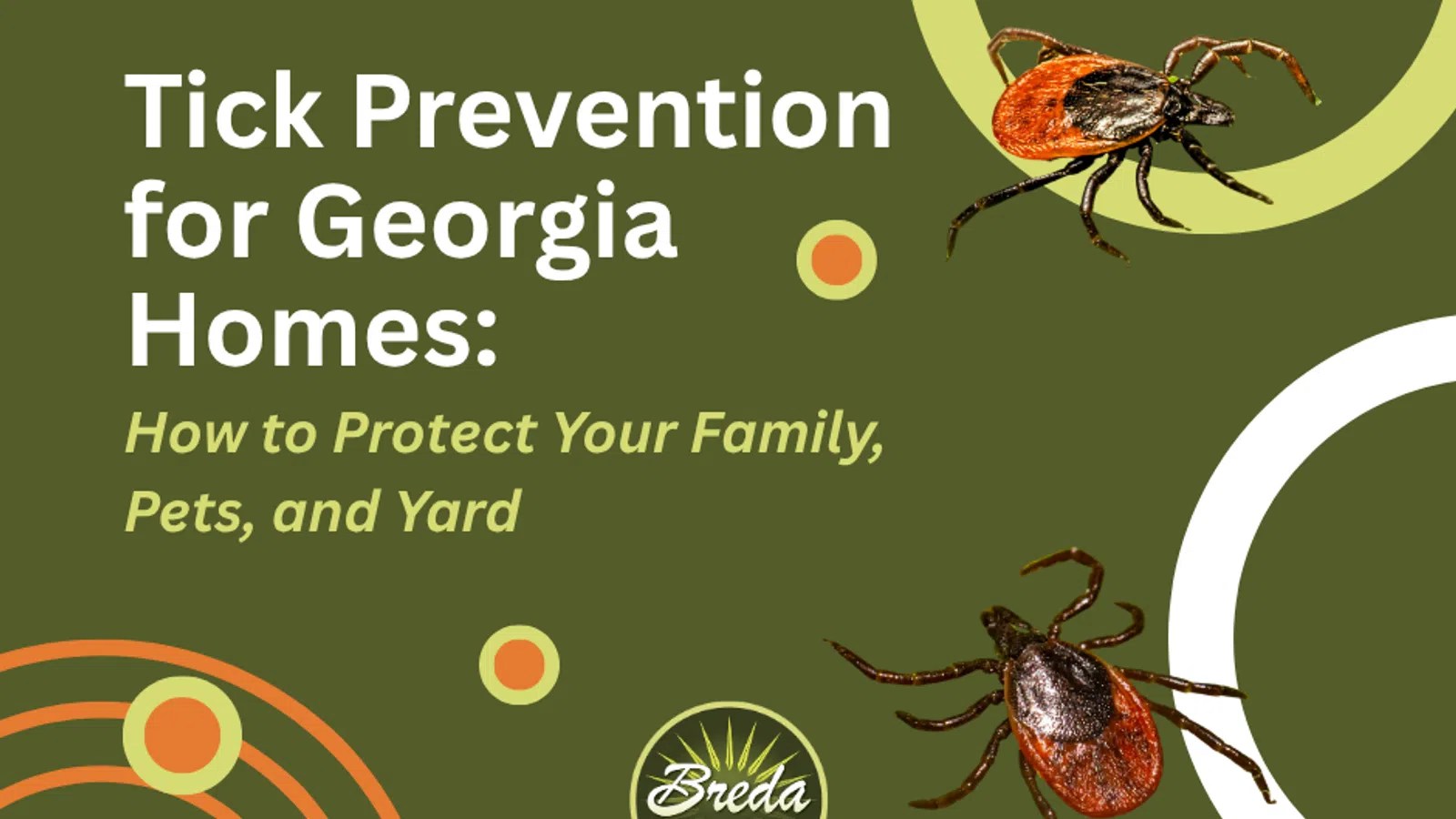 Graphic with ticks and text about tick prevention for Georgia homes, protecting family, pets, and yard.