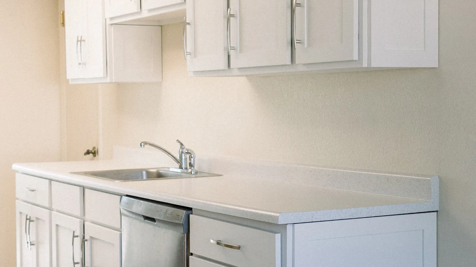 Modern kitchen with white cabinets, stainless steel sink and dishwasher, and wood flooring.