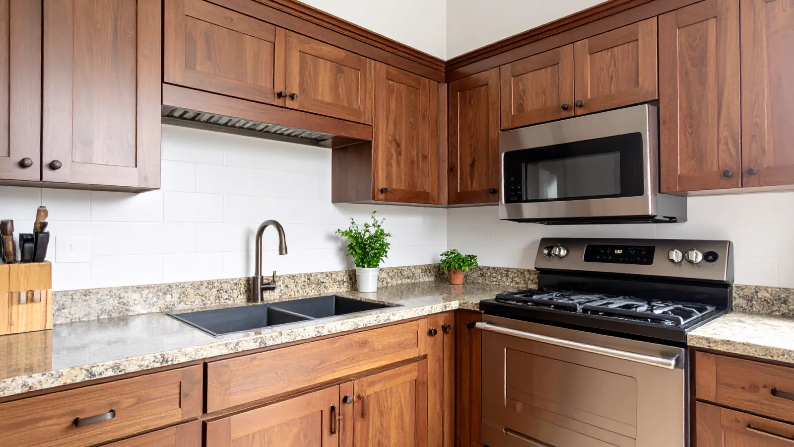 Modern kitchen with wooden cabinets, granite countertops, stainless steel stove and microwave, and a double sink.