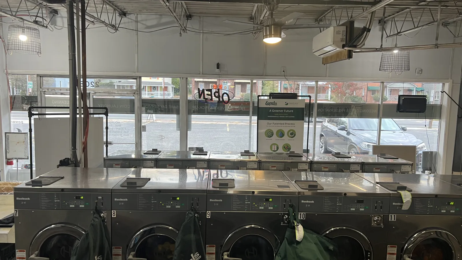 a room with a row of machines