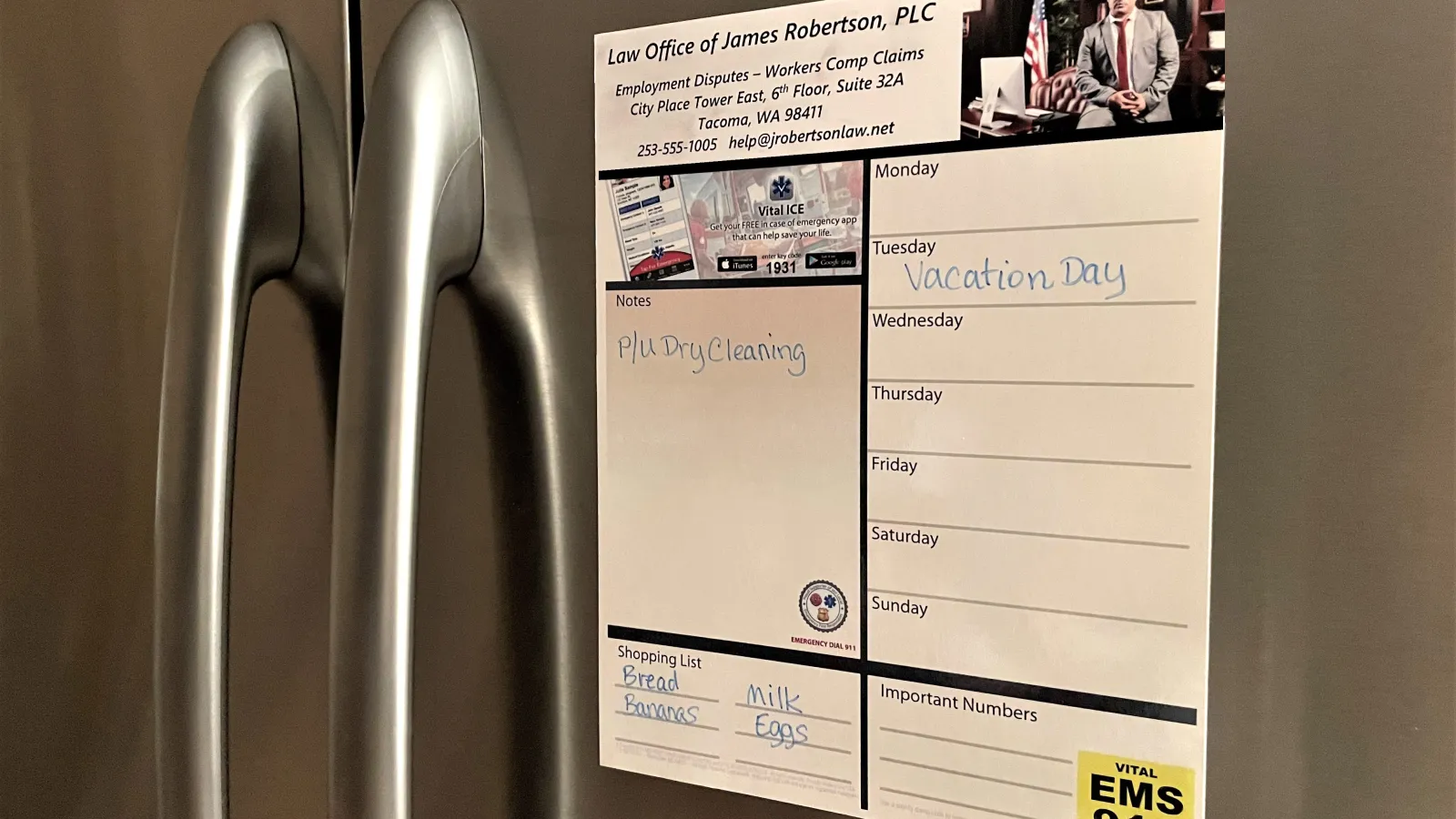 A promotional Memo Board affixed to a refrigerator