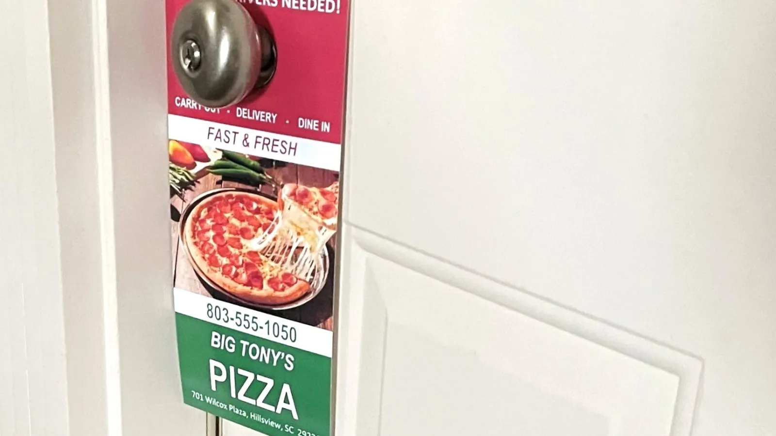 A colorful Door Hanger advertising a Pizza Restaurant